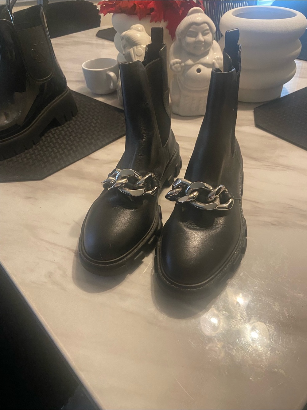 Michael Kors Black Leather Chelsea Booties with Silver Chain